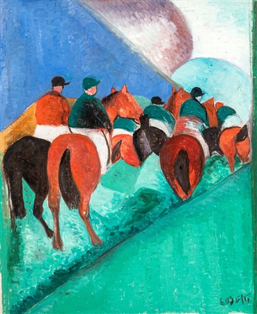 Giuseppe Cesetti (Tuscania 1902-Tuscania 1990) Corsa di cavalli olio su tela...