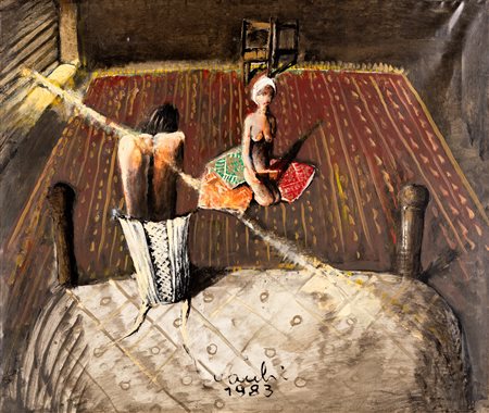 Sergio Vacchi (Castenaso 1925-Siena 2016) Interno con figure 1983 Olio su...