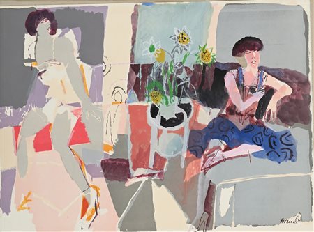 Marcello Avenali (Roma 1912-Roma 1981) Interno con figure Tempera su carta cm...