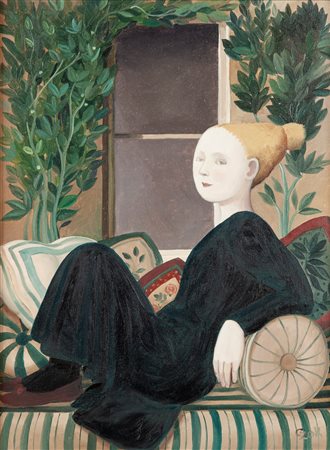 Marta Czok (Beirut 1947) Ragazza alla finestra Olio su tela cm 40x30 - in...