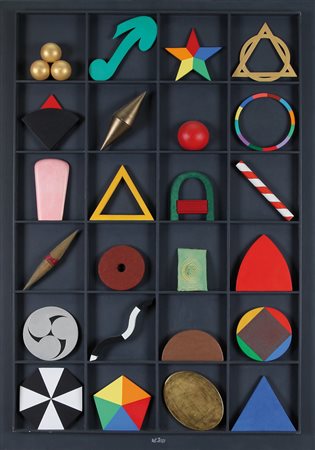 LUCIO DEL PEZZO Napoli 1933 Casellario con tre sfere d'oro, 1992 colore...