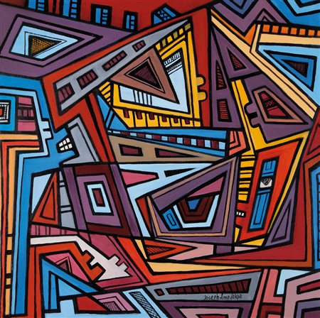 JOSEPH AMEDOKPO Vogan (Togo) 1946 Engungun Masquerades olio su tela di sacco...