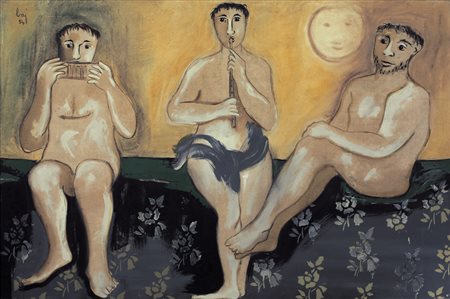 ENRICO BAJ Milano 31/10/1924 - Varese 15/06/2003 Tre fauni, 1954 olio su tela...