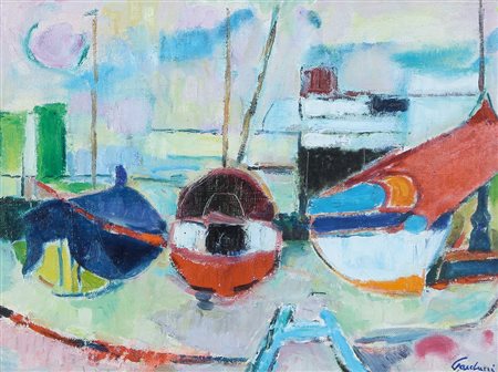 ENRICO PAULUCCI Genova 03/10/1901 - Torino 22/08/1999 Barche a riva olio su...