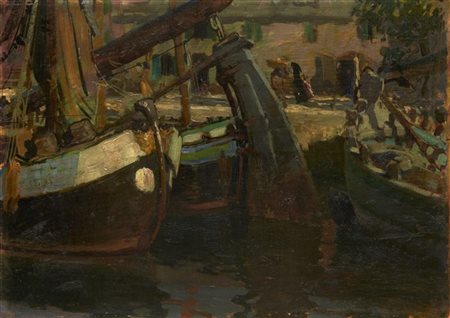 Giuseppe Palanti "Barche a Cervia" 
olio su compensato (cm 39x55)
firmato a sini