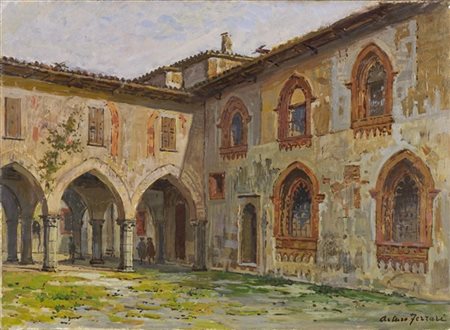 Arturo Ferrari "Cortile del Palazzo Borromeo - Vecchia Milano" 
olio su tela (cm