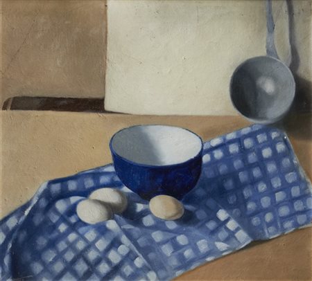 Ida Donati "Composizione con uova, scodella e mestolo" 
olio su cartone (cm 47,5