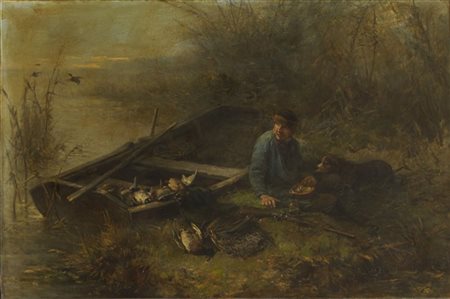 Johan Mari Ten Kate ( L'Aia  1831 - Parigi  1910 ) "La pausa del cacciatore" olio su tela (cm 85x130)firmato