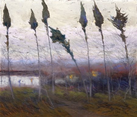 Michele Cascella "Vento tra i pioppi" 1908
pastelli colorati su cartoncino (cm 4