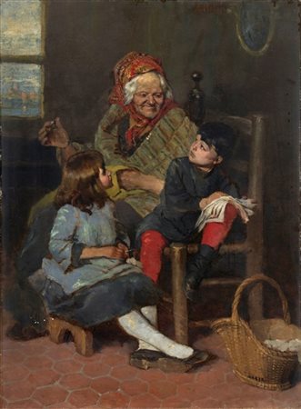 Alessandro Milesi "La nonna con i nipoti" 
olio su tela (cm 73x53)
firmato in al