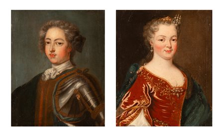 Coppia di dipinti olio su tela raffiguranti Luigi XV di Borbone e la regina consorte Maria Leszczynska figlia del Re di Polonia Stanislao I   Pierre  Gobert (probabilmente_dapres)