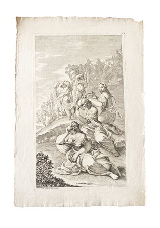 Acquaforte raffigurante San Benedetto tentato da un gruppo di donne, Bologna, presso Marc'Antonio Fabbri   Giacomo Maria Giovannini