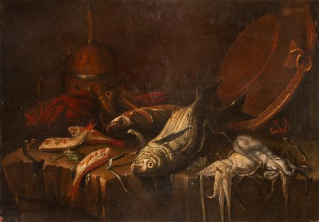 Natura morta con pesci e oggetti in rame   Elena Recco (attribuito a)