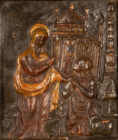 Madonna benedicente su sfondo di chiesa e campanile   