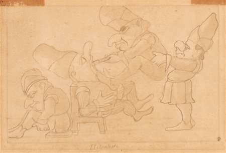 Antico disegno a matita, china e acquerello caricaturale del XV secolo   