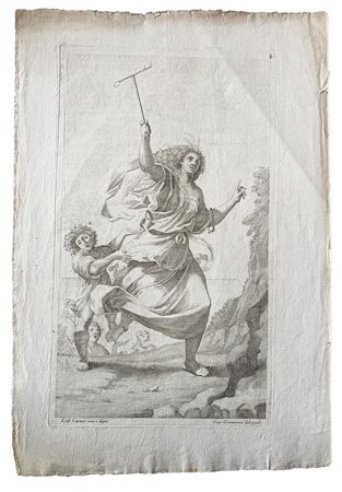 Acquaforte raffigurante La folle che va cercando salute. Bologna presso Marcantonio Fabbri   Giacomo Maria Giovannini