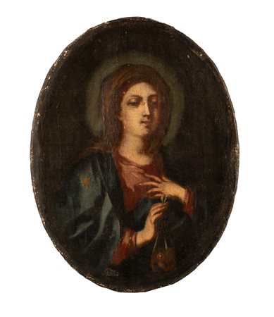 Dipinto ovale raffigurante Madonna del Rosario   