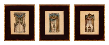 Victor L. Quéntin. Lotto di tre incisioni colorate dal libro delle tende, "Le Magasin De Meubles", raffiguranti finestre elaborate a Parigi risalenti ai secoli XVIII e XIX    