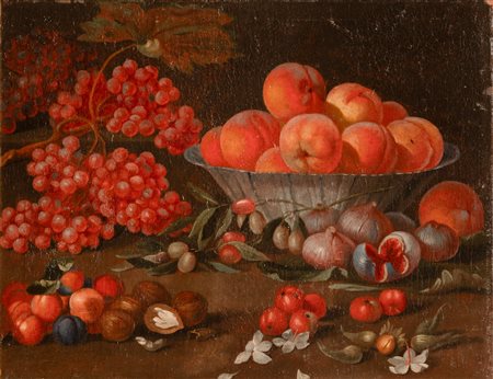 Natura morta con cesto di pesche, fichi, uva e castagne   Scuola Lombarda XVII secolo