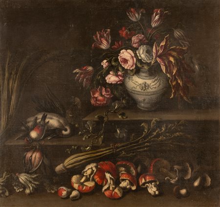 Natura morta con vaso di fiori, funghi, ortaggi e cacciagione   Angelo Maria Rossi (seguace di)