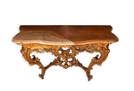 Consolle in legno dorato intagliato Luigi XV con piano in marmo rosso di Verona , prima metà del XIX secolo   