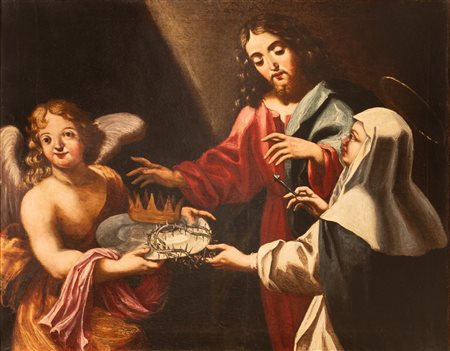Santa Caterina da Siena riceve da un angelo e alla presenza del Cristo i simboli della sua passione   Scuola dell'Italia centrale del XVII secolo