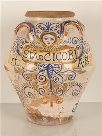 Grande vaso da farmacia con angelo  "Su.C. Coria. S". Manifattura Castelli, fine del XIX secolo   