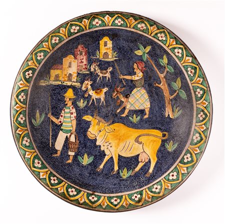 Grande piatto con mandriano con bue e pastora con capre. Manifattura Montelupo, metà del XX secolo   