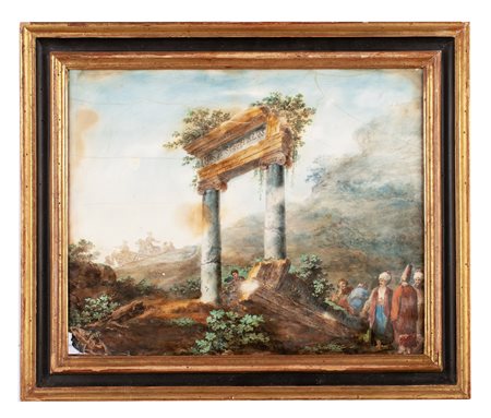 Paesaggio agreste con rovine classiche e personaggi in abiti turchi. Sullo sfondo cavalieri.   Robert Hubert (maniera di)