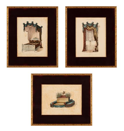 Victor L. Quéntin. Lotto di tre incisioni colorate dal libro delle tende, "Le Magasin De Meubles", raffiguranti finestre elaborate a Parigi risalenti ai secoli XVIII e XIX    