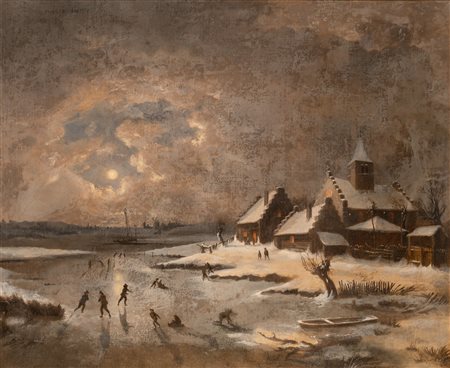 Giochi sul lago ghiacciato   Pittore olandese del XIX secolo