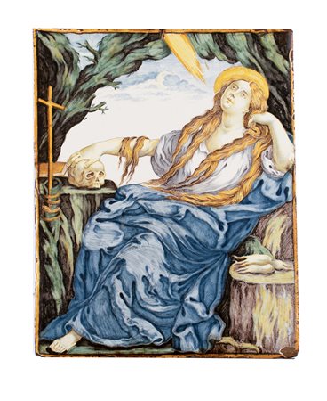 Mattonella maiolicata rappresentante Maddalena penitente. Bernardino Gentili Il Giovane