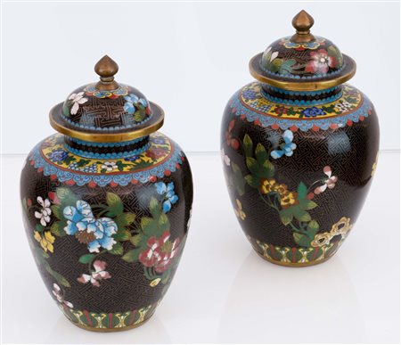 Coppia di vasi cloisonnet con coperchio. Cina, XX secolo   