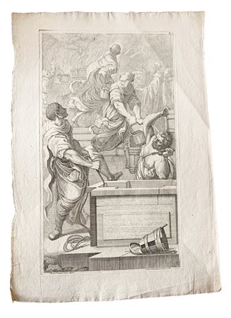 Acquaforte rappresentante San Benedetto che spegne miracolosamente il fuoco nella cucina del monastero.  Giacomo Maria Giovannini