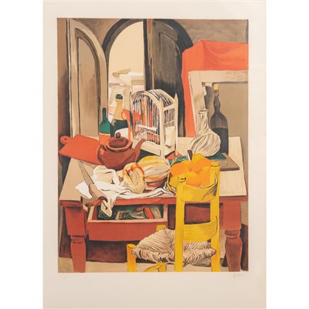 RENATO GUTTUSO, Interno, Litografia a colori