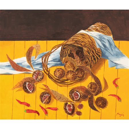 RENZO MESCHIS, Cesto di castagne, Olio su tela