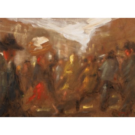 LORENZO ALBINO, Folla in piazza, Olio su masonite