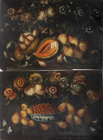 PITTORE ANONIMO<BR>"Coppia di nature morte" XVIII secolo