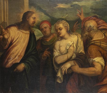 PITTORE ANONIMO<BR>"Cristo e l'adultera" fine XVII secolo