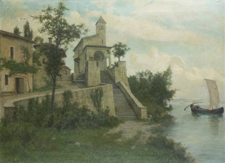 MARCO CALDERINI<BR>Torino 1850 - 1941<BR>"Villaggio affacciato sul lago"