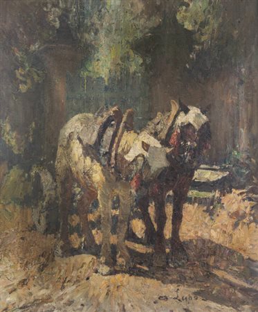 ALESSANDRO LUPO<BR>Torino 1876 - 1953<BR>"Due cavalli e ingresso in Valpiana"