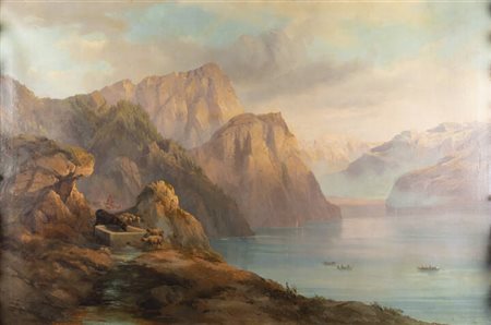 PITTORE ANONIMO<BR>"Lago tra le montagne" XIX secolo