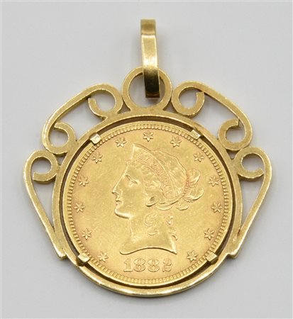 PENDENTE IN ORO CON MONETA DA 10 DOLLARI DEL 1882 pendente con montatura in...