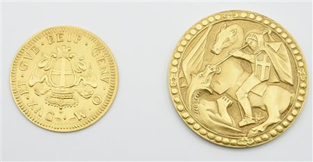 LOTTO DI DUE MEDAGLIE COMMEMORATIVE Oro giallo 18K, punzone 750, gr. 34,7 circa