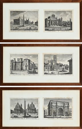 Lotto di 6 incisioni: Obelisco della Piazza del Popolo; Arco di Costantino; Obelisco della Piazza di S. Giovanni Laterano; Fontana Paolina; Tempio di Pallade; Chiesa di S. Maria in Cosmedin