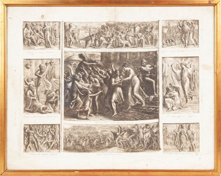 Luigi Ademollo inv. e inc. - Tavola I degli Episodi della Gerusalemme Liberata di Torquato Tasso (Sofronia ed Olinto liberati dal rogo, contornati da altre 8 scene di Goffredo, Sofronia ed Olindo)