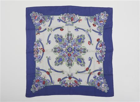 HERMES - Foulard ''Anémones'' con bordi blu.