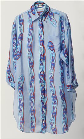 HERMES - Camicione in seta stampata azzurra.
