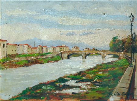 FEDERICO CILEA Paesaggio fluviale Olio su tavola cm. 27x37 firmato