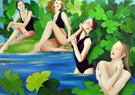 ROSALBA FEDI Bagnanti, 2000 Olio su cartone telato cm. 50x70 firmato e datato